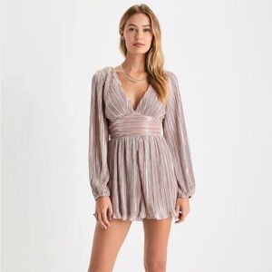 Lulu’s Plisse and Thank You Blush Pleated Long Sleeve Backless Romper